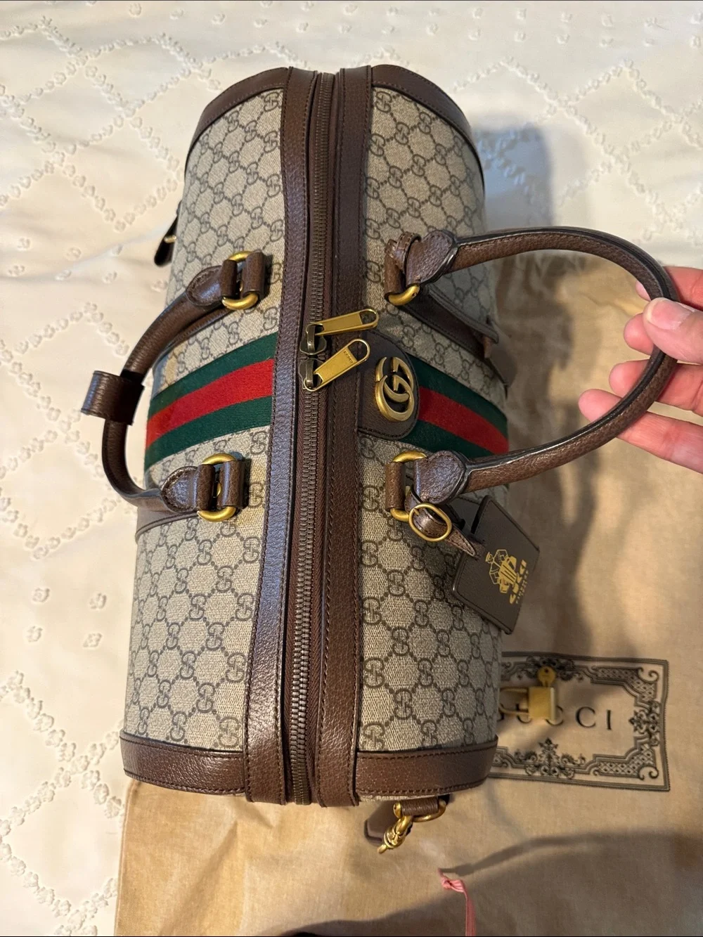 Gucci Brown GG Supreme Canvas Duffel with Green-Red Web Stripe MENS/ UNISEX